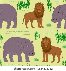 Seamless pattern of cartoon hippopotamus and lion. Repeatable textile vector print, childish wallpaper design.