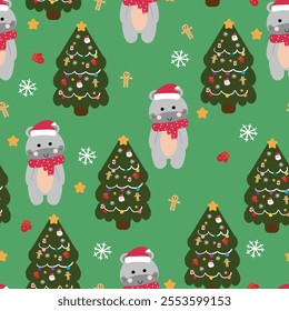 Seamless pattern cartoon hippopotamus and tree christmas. cute christmas and winter wallpaper for fabric print, gift wrap paper