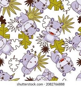 Seamless pattern with cartoon hippos. Grass, leaves, bushes. Endless texture. Vector illustration