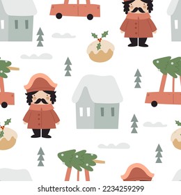 Seamless pattern with cartoon holiday thematic elements, decor elements. colorful vector for kids, flat style. hand drawing. Baby design for fabric, textile, print, wrapper.
