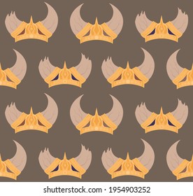 Seamless pattern with cartoon horned viking helmets in a row on dark background. Texture with the ammunition of the ancient warriors of the defenders. Military colorful wallpaper.