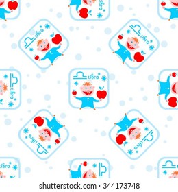 Seamless pattern with cartoon horoscope symbol libra. Zodiac star sign.