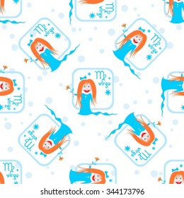 Seamless pattern with cartoon horoscope symbol virgo. Zodiac star sign.