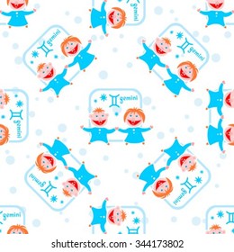 Seamless pattern with cartoon horoscope symbol gemini. Zodiac star sign.