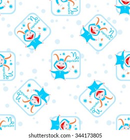 Seamless pattern with cartoon horoscope symbol capricorn. Zodiac star sign.