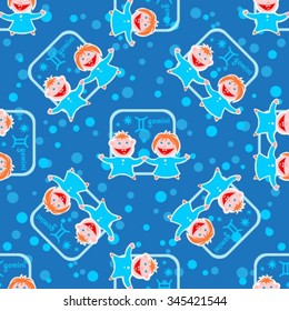 Seamless pattern with cartoon horoscope symbol Gemini. Zodiac star sign.