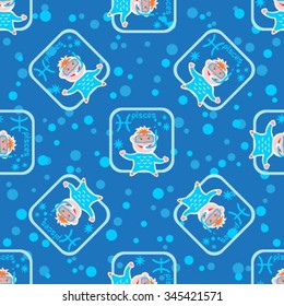 Seamless pattern with cartoon horoscope symbol Pisces. Zodiac star sign.