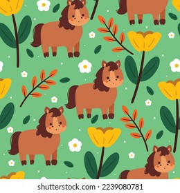 seamless pattern cartoon horse and flower. cute animal wallpaper for gift wrap paper