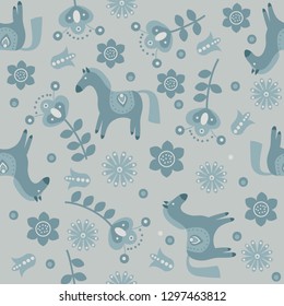 Seamless pattern with cartoon horse with flowers. Vector hand drawn illustration. Vector template for textile, graphic design.