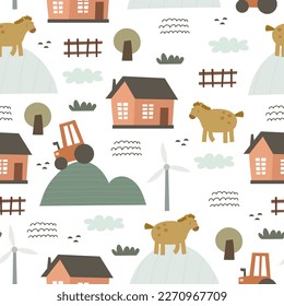 Seamless pattern with cartoon horse, house, tractor, tree, decor elements. Farm. Flat colorful vector for kids. hand drawing. animals. baby design for fabric, textile, wrapper, print.
