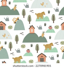 Seamless pattern with cartoon horse, house, car, tree, decor elements. Farm. Flat colorful vector for kids. hand drawing. animals. baby design for fabric, textile, wrapper, print.