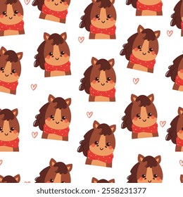 seamless pattern cartoon horse with red. cute animal wallpaper for winter background