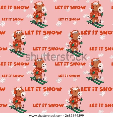 Seamless pattern of cartoon horse skiing in red sweater with Let It Snow text and snowflakes on pink background
