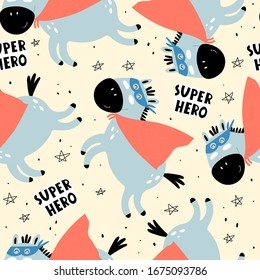 seamless pattern with cartoon horses, stars, hand drawing lettering super hero, decor elements. colorful vector for kids, flat style. animal theme. Baby design for fabric, textile, print, wrapper.