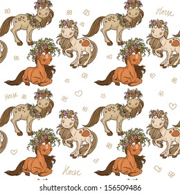 Seamless pattern with cartoon horses in wreaths on white background