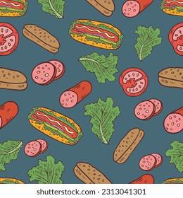 seamless pattern cartoon hot dog doodle