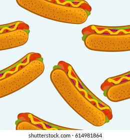 Seamless pattern with cartoon hot dog on a blue background