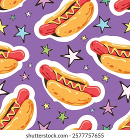 Seamless pattern cartoon of hotdog cartoon funny with star. Junk food and fast food, Kawaii and fun pop art style. Pattern design for children fabric, wrapping paper, wallpaper and fashion prints.