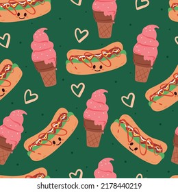 seamless pattern cartoon hotdog and ice cream character in green background. cute food wallpaper for textile, fabric print