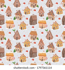 Seamless pattern with cartoon house gingerbread cookies. Can be used for wallpaper, pattern fills, textile, web page background, surface textures