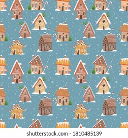 Seamless pattern with cartoon house gingerbread cookies. Can be used for wallpaper, pattern fills, textile, web page background, surface textures