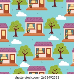 seamless pattern cartoon house and tree. cute building pattern for wallpaper, background and gift wrap paper