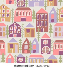 Seamless pattern with cartoon houses black and white