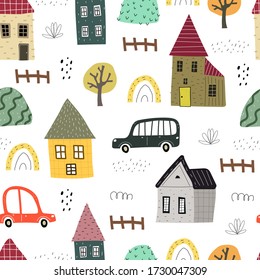 seamless pattern with cartoon houses, cars, trees, decor elements. colorful vector for kids, flat style. Baby design for fabric, textile, print, wrapper.