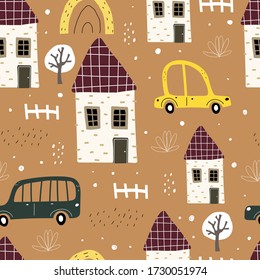 seamless pattern with cartoon houses, cars, trees, decor elements on a neutral background. colorful vector for kids, flat style. Baby design for fabric, textile, print, wrapper.