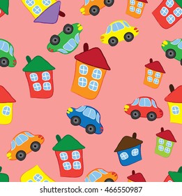 Seamless pattern. Cartoon houses and cars.