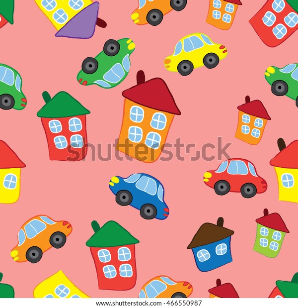 Seamless pattern.\
Cartoon houses and\
cars.
