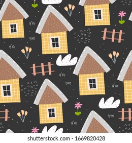 seamless pattern with cartoon houses, clouds, flowers, decor elements on a neutral background. colorful vector for kids, flat style. village. Baby design for fabric, textile, print, wrapper.