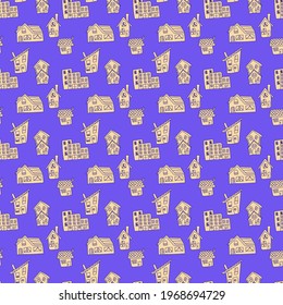 Seamless pattern with cartoon houses drawn in outline style on blue background