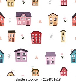 seamless pattern with cartoon houses, flower, decor elements. colorful vector for kids, flat style. Baby design for fabric, textile, print, wrapper.