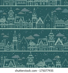 Seamless pattern with cartoon houses on a night sky.