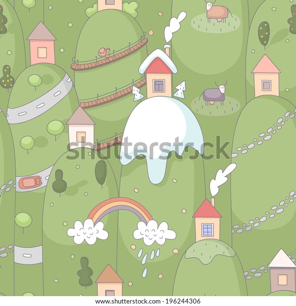 Seamless pattern with cartoon houses on hills.\
EPS 10. No transparency. No\
gradients.