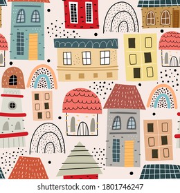seamless pattern with cartoon houses, rainbows, decor elements on a neutral background. colorful vector for kids, flat style. Baby design for fabric, textile, print, wrapper.