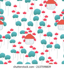 Seamless pattern cartoon houses in the thickets of lotus on a white background.