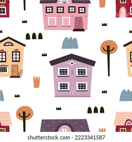 seamless pattern with cartoon houses, tree, decor elements. colorful vector for kids, flat style. Baby design for fabric, textile, print, wrapper.