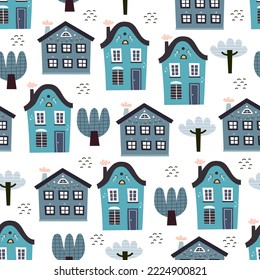 diseño impecable con casas de dibujos animados, árboles, elementos decorativos. vector colorido para los niños, de estilo plano. Diseño de bebé para tela, textil, impresión, envoltura.