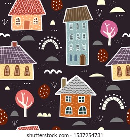 Seamless pattern with cartoon houses, trees, decor elements on a neutral background. Vector flat style. design for fabric, textile, print, wrapper