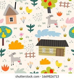 seamless pattern with cartoon houses, trees, birds, goats, clouds, flowers, decor elements on a neutral background. colorful vector for kids, flat style. village. Baby design for fabric, textile, prin