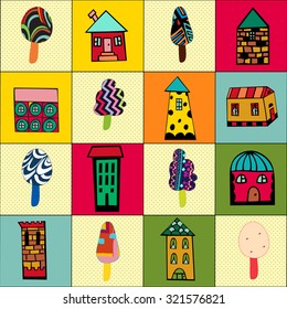 Seamless pattern with cartoon houses and trees. Set of hand drawn houses and trees, doodled city, town doodles set. Private residential architecture. Vector Illustration