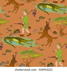 Seamless pattern with cartoon hunters, wolfs and alligators. Humor vector illustration.