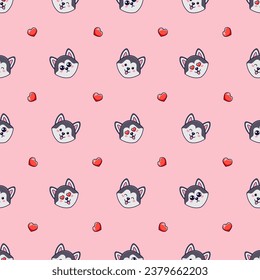 Seamless pattern with cartoon husky dogs and hearts love on pink background