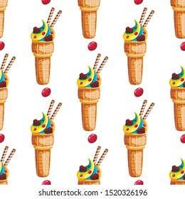 Seamless pattern with cartoon ice cream. Sweet-stuff in cartoon style.