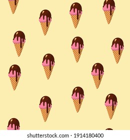 seamless pattern with cartoon ice cream. Delicious sweets. waffle cone, and pink ice cream with chocolate top glaze. beige background