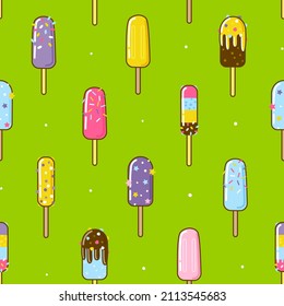 Seamless pattern with cartoon ice cream on green background for Your sweet design