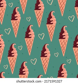 seamless pattern cartoon ice cream cone in blue background. vintage wallpaper for textile, gift wrap paper