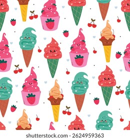 seamless pattern cartoon ice cream with various flavor. cute dessert pattern for wallpaper, background and gift wrap paper